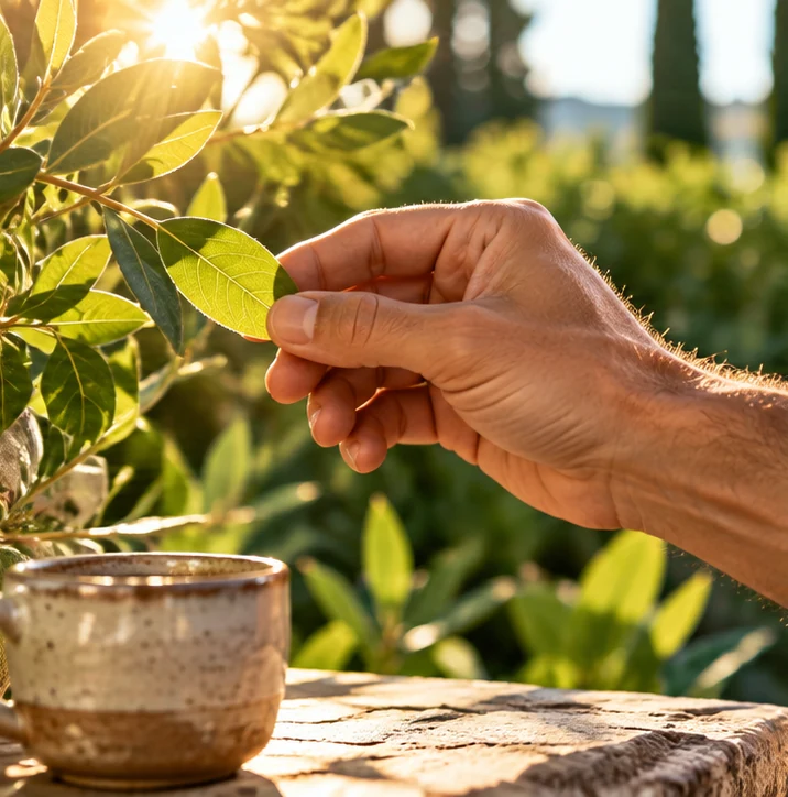 Bildmotiv: Eine Hand berührt ein Blatt neben einer Teetasse im warmen Sonnenlicht